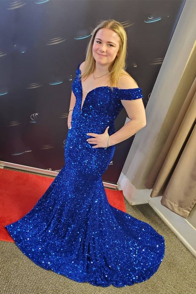 Yipeisha Stylish Royal Blue Sequin Prom Dress Off-shoulder Mermaid Evening  Gown Floor Length Glitter Pageant Party Dress - AliExpress